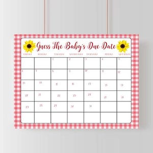 Op de afbeelding: Een printbaar babyshower-spel in rood-witte ruit met de tekst "Raad de uitgerekende datum van de baby" en een kalenderrooster met de nummers 1 tot en met 34.