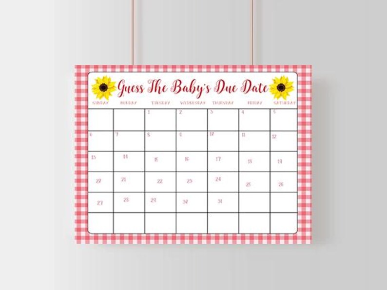 Op de afbeelding: Een printbaar babyshower-spel in rood-witte ruit met de tekst "Raad de uitgerekende datum van de baby" en een kalenderrooster met de nummers 1 tot en met 34.