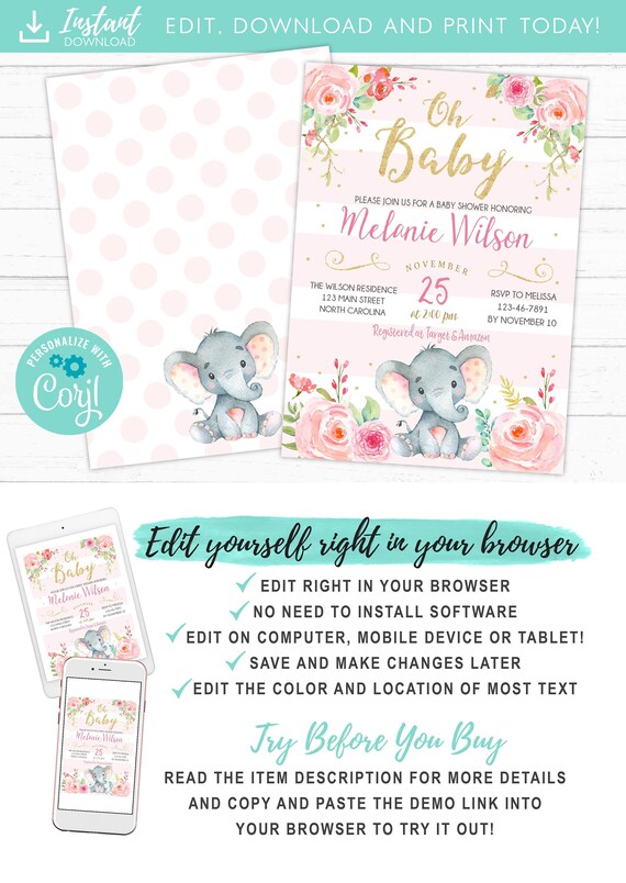 Girl Elephant Baby Shower Invitation, Pink Elephant Baby Shower, Jungle Baby Shower Invite, It's a Girl, Diaper Raffle Book Request Il_570xn