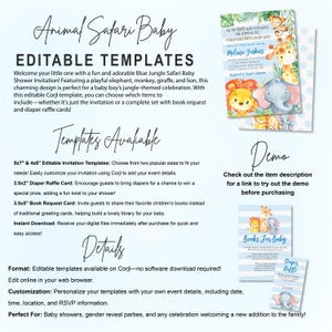 May include: An "Animal Safari Baby" themed invitation template. The design features a playful elephant, monkey, giraffe, and lion. The template includes invitation, book request, and diaper raffle card options.