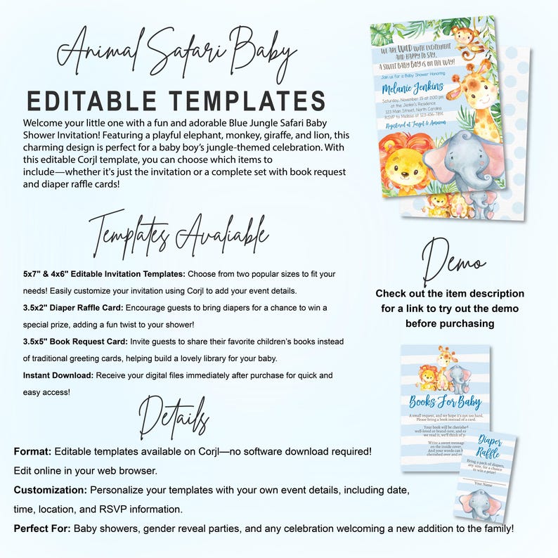 May include: An "Animal Safari Baby" themed invitation template. The design features a playful elephant, monkey, giraffe, and lion. The template includes invitation, book request, and diaper raffle card options.