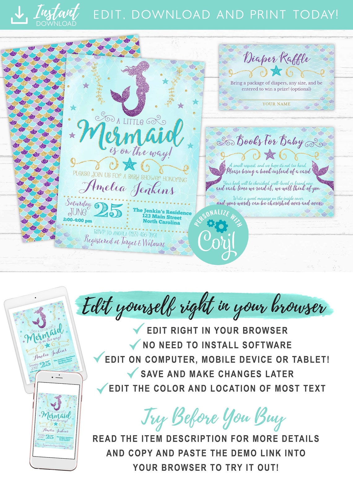 Mermaid Baby Shower Invitation Girl Mermaid Purple Blue Gold Etsy