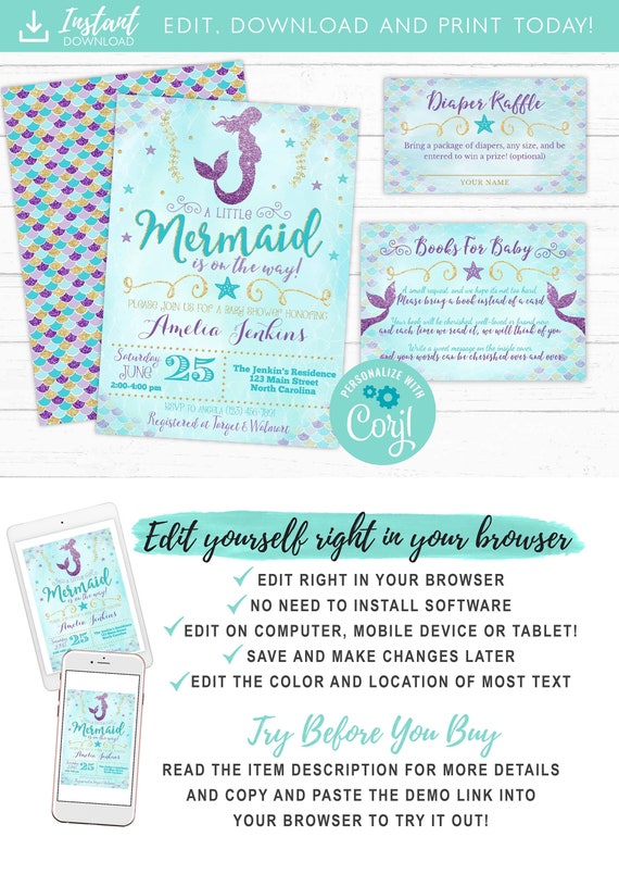 Mermaid Baby Shower Invitation, Girl Mermaid Purple Blue Gold Baby Shower, Under The Sea Baby Sprinkle, Diaper Raffle Book Request Il_570xn
