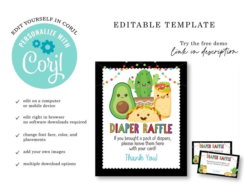 May include: Editable template for a diaper raffle with a black background and colorful illustrations of a taco, avocado, and cactus. The text "Diaper Raffle" is in a colorful font. The text "If you brought a pack of diapers, please leave them here with your card! Thank You!" is in white text.
