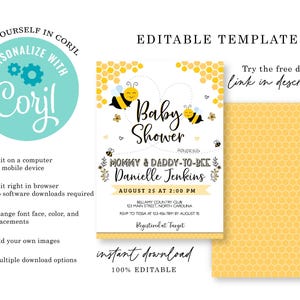 Może przedstawiać: Edytowalny szablon zaproszenia na baby shower z ż&oacute;łtym wzorem plastra miodu z pszczołami i tekstem "Baby Shower" oraz "Mommy & Daddy-to-Bee Danielle Jenkins".