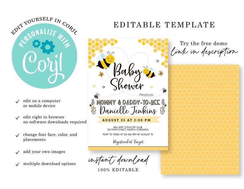 Może przedstawiać: Edytowalny szablon zaproszenia na baby shower z ż&oacute;łtym wzorem plastra miodu z pszczołami i tekstem "Baby Shower" oraz "Mommy & Daddy-to-Bee Danielle Jenkins".