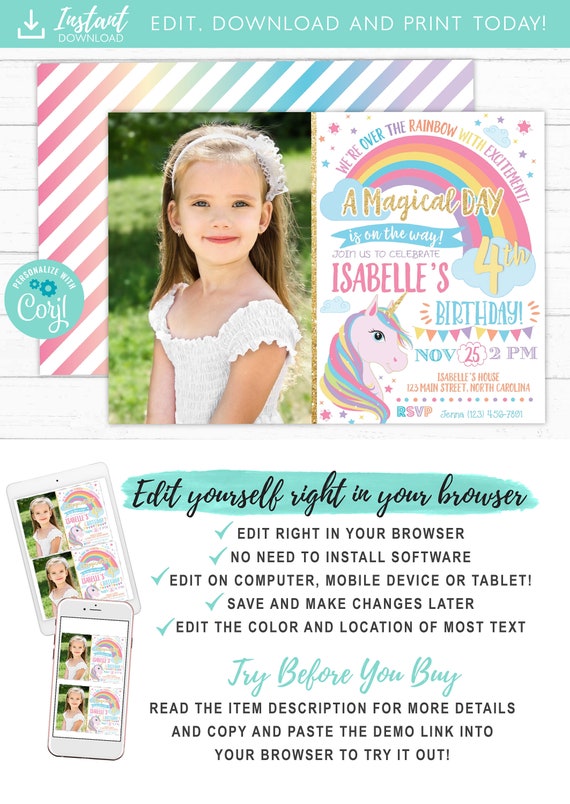 Unicorn Invitation, Rainbow Invitation, Magical Invitation, Unicorn Birthday Invitation, Rainbow Birthday Invite Printable, Unicorn Party Il_570xn