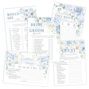 May include: A collection of six wedding game cards with floral designs in shades of blue and white. The cards include games like "Would She Rather," "Bride or Groom Guess Who," and "Love Match," perfect for bridal showers.