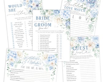 Printed Bridal Shower Wedding Games - 4 Games and Advice Cards For 30 Guests - Elegant Something Blue Floral Design