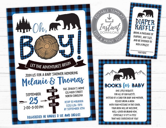 Blue Lumberjack Baby Shower Invitation, Bear Woodland Baby Shower Invitation, Mama Bear Baby Sprinkle, Diaper Raffle, Book Request Card Il_570xn