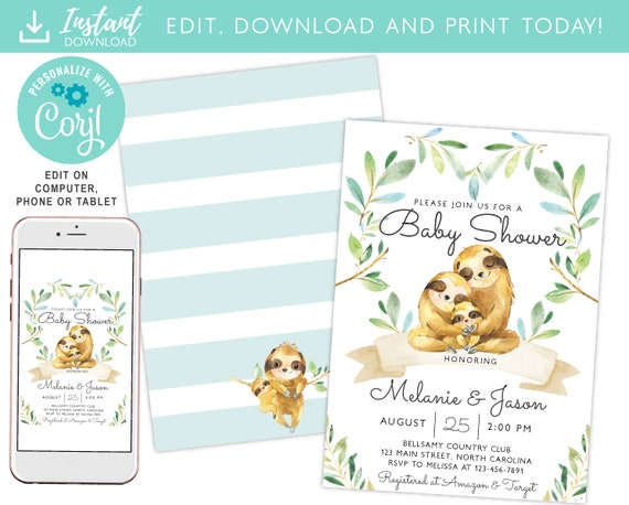 Baby Shower Invitation Sloth Family Invite Instant Download Editable Template Corjl Il_570xn