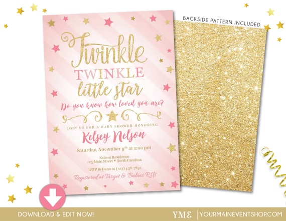 Twinkle Twinkle Little Star Baby Shower Invitation • Pink and Gold Girl Twinkle Twinkle Invite • Instant Download File Il_570xn