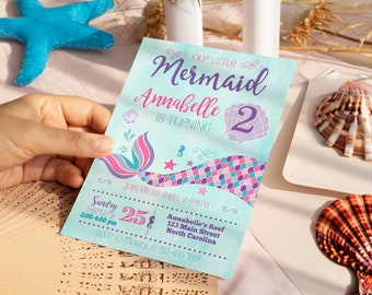 Mermaid Birthday Invitation, Pink Purple Teal Mermaid Invitation, Under The Sea Party Invite Printable Templett