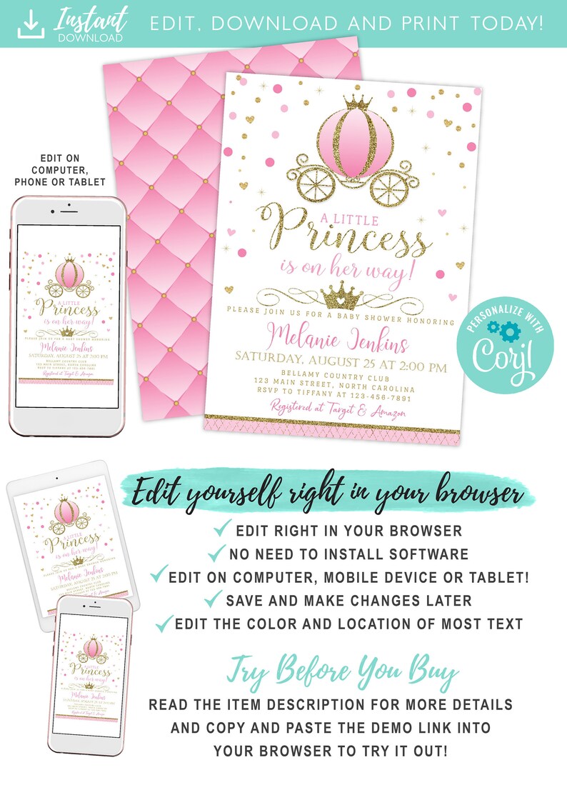 Princess Baby Shower Invitations Editable Girl Pink And Gold Etsy Princess Baby Shower Invitations Editable Girl Pink And Gold Etsy