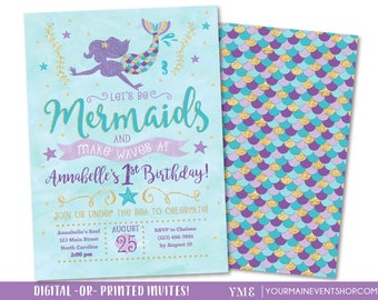 Mermaid Invitation • Mermaid Birthday Invitation • Let's Be Mermaids and Make Waves • Teal Purple Gold