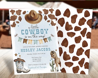 May include: A baby shower invitation with a blue and brown colour scheme. The invitation features a cowboy hat, boots, a cactus, and a donkey. The text on the invitation reads "a little cowboy is on the way!" and includes the name "Hesley Jacobs".