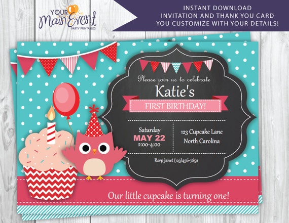 Cupcake First Birthday Invitation Printable, Cupcake Birthday Party Invites, 1st Birthday Invitation Il_570xn