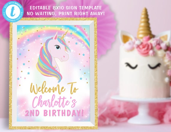 Unicorn Welcome Sign, Unicorn Party Welcome Sign Decorations, Unicorn Center Piece Edit Yourself Templett Temaplte Instant Dwonload Il_570xn