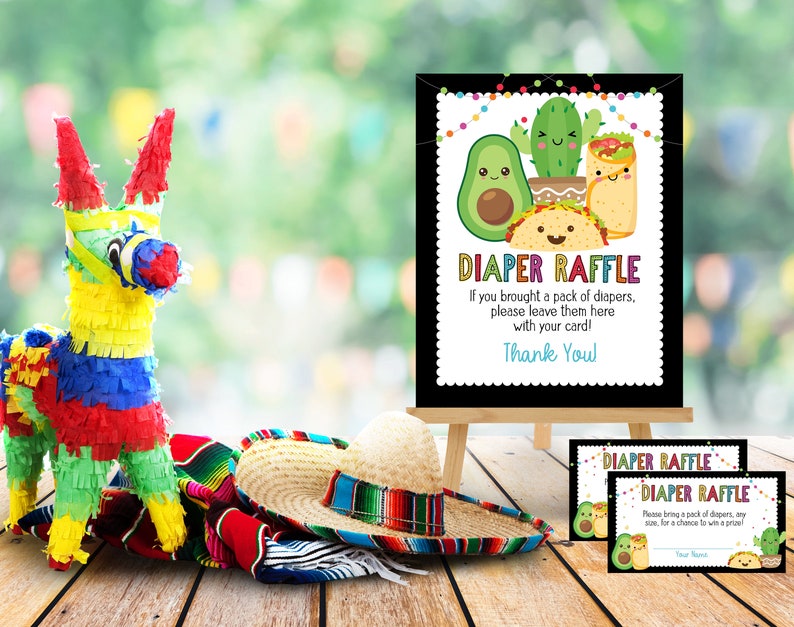 May include: A black sign with a colorful border and a white background. The sign says "Diaper Raffle" and has a cartoon avocado, cactus, and burrito. There are two smaller signs that say "Diaper Raffle" with a cartoon avocado and cactus.
