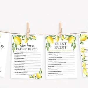 Zitrone Blumen Babyparty Spiele - BabyQ Bingo, Finde den Gast, Der Preis ist Richtig, Wer kennt Mama am besten - je 25 Karten