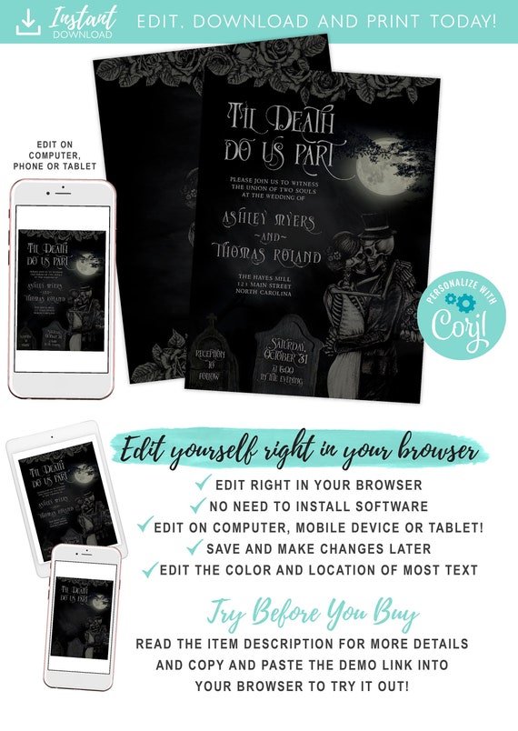 Til Death Do Us Part, Gothic Wedding/Halloween Invitation Instant Download Printable, Halloween Invite Il_570xn