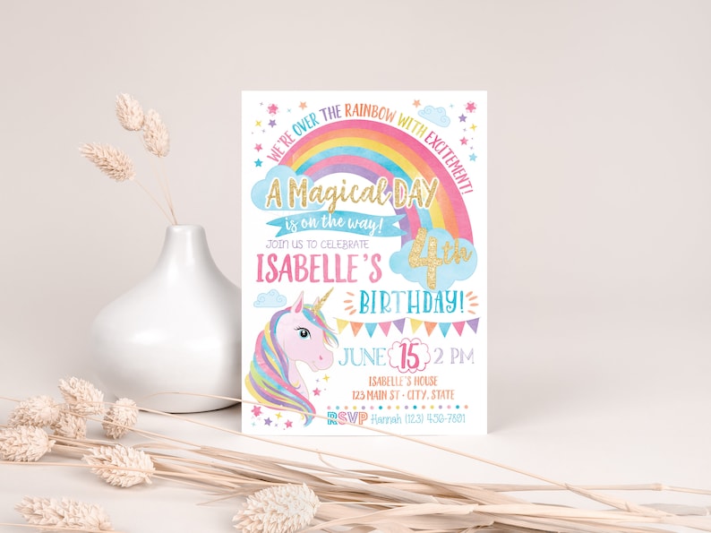 Unicorn Birthday Invitation, Unicorn Invitation, Rainbow Invitation, Rainbow Unicorn Birthday Invite Printable, Unicorn Party image 2