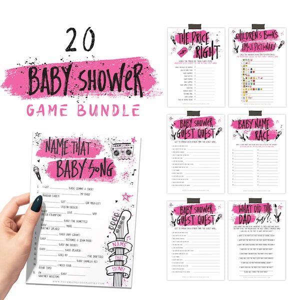 Born To Rock Girl Baby Shower Games Bundle, Rock Themed Games and Activities, Party Favors