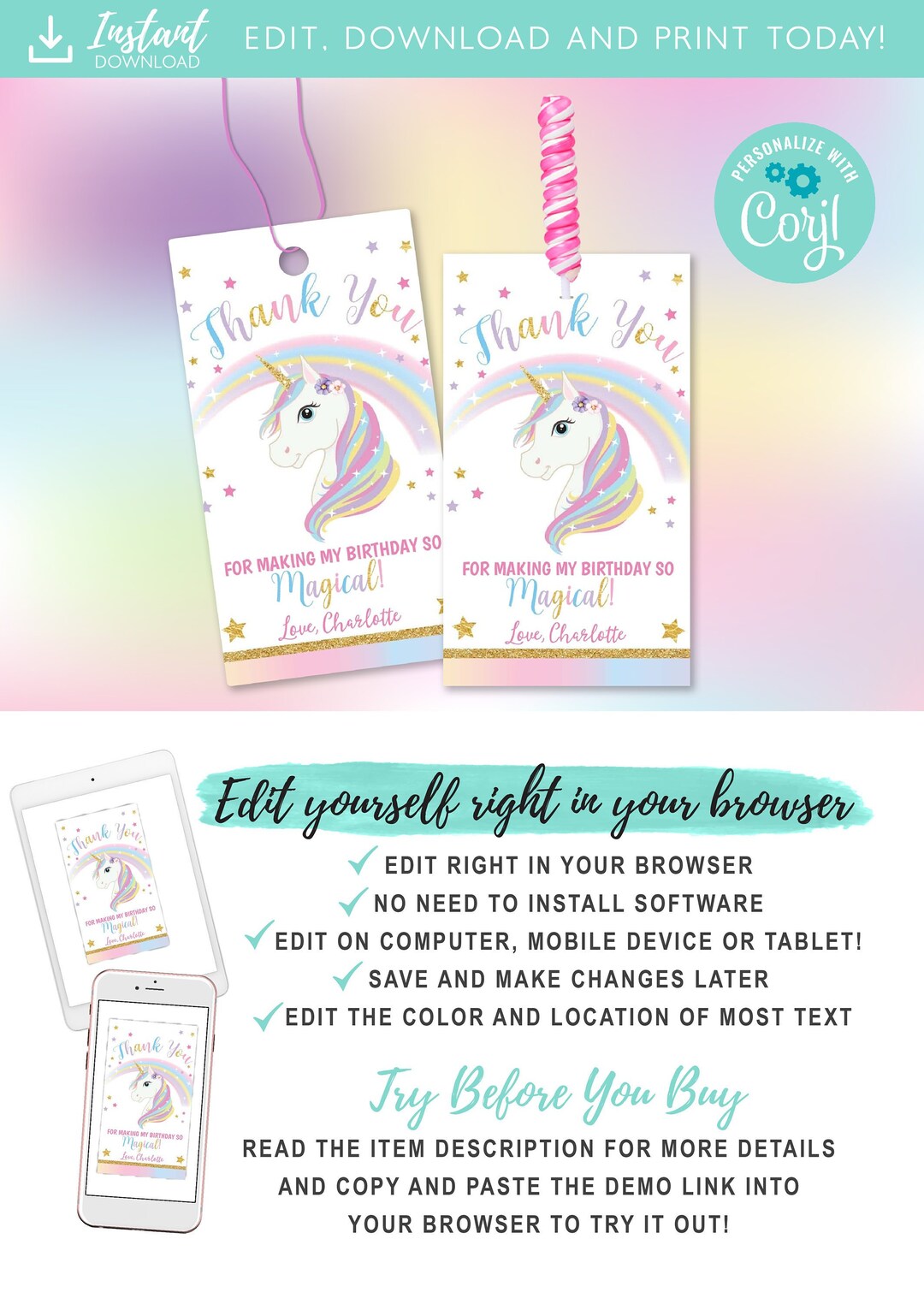 Unicorn Party Thank You Favor Tags, Printable Unicorn Lollipop Holder ...