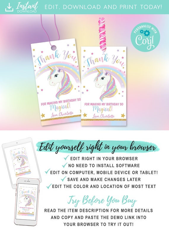 Unicorn Party Thank You Favor Tags, Printable Unicorn Lollipop Holder ...