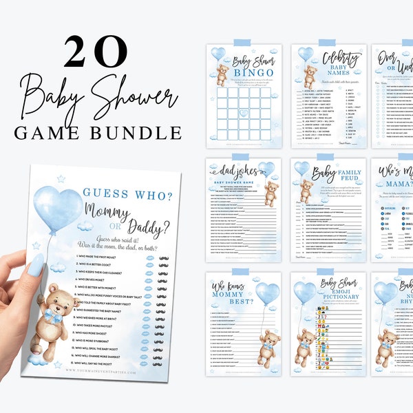 Teddy Bear Baby Shower Games Bundle, Can Bearly Wait Games and Activities, Party Favors, Boy Baby Shower