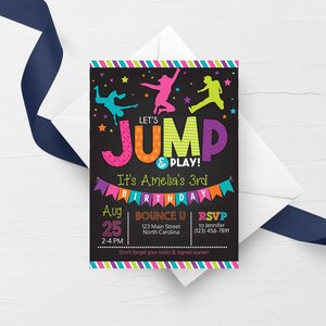Invito di compleanno Jump - Invito per festa sul trampolino - Compleanno con castello gonfiabile - Modelli modificabili 5x7 e 4x6 + biglietti di ringraziamento