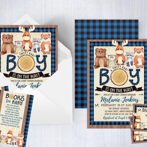 Set di inviti per baby shower Blue Woodland Lumberjack / Orso, cervo, volpe, alce / Inviti 5x7 e 4x6, richiesta di libri e biglietti della lotteria dei pannolini