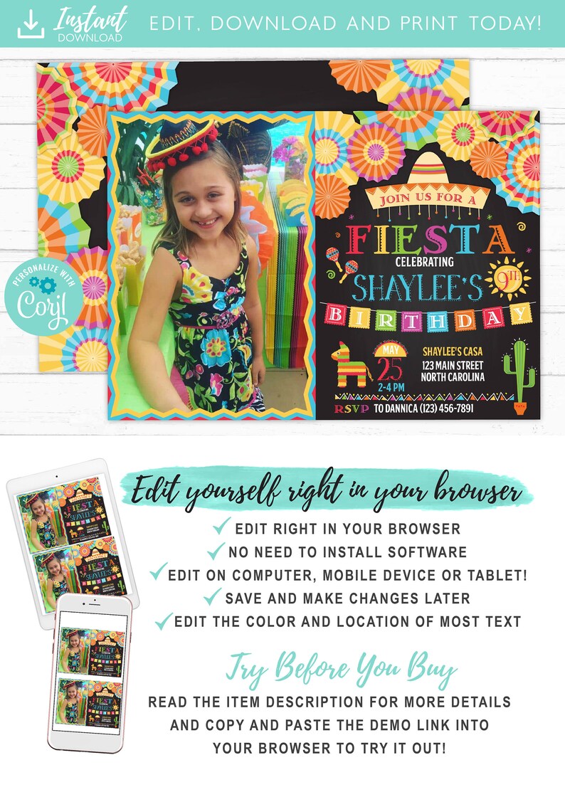 Fiesta Photo Birthday Invitation Mexican Party Invite Cinco de Mayo Printable Invitations with Picture image 1