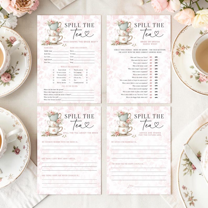 Op de afbeelding: Vier roze en witte spelkaarten voor een bruidsdouche met bloemmotieven en de tekst "Spill the Tea". Elke kaart heeft een illustratie van een theekopje en vragen.