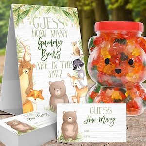 Devinez combien d'oursons gommeux des bois Jeu | Baby shower ou fête d'anniversaire | Signe recto-verso 5 x 7 et 50 cartes de devinettes | Aucun cadre nécessaire