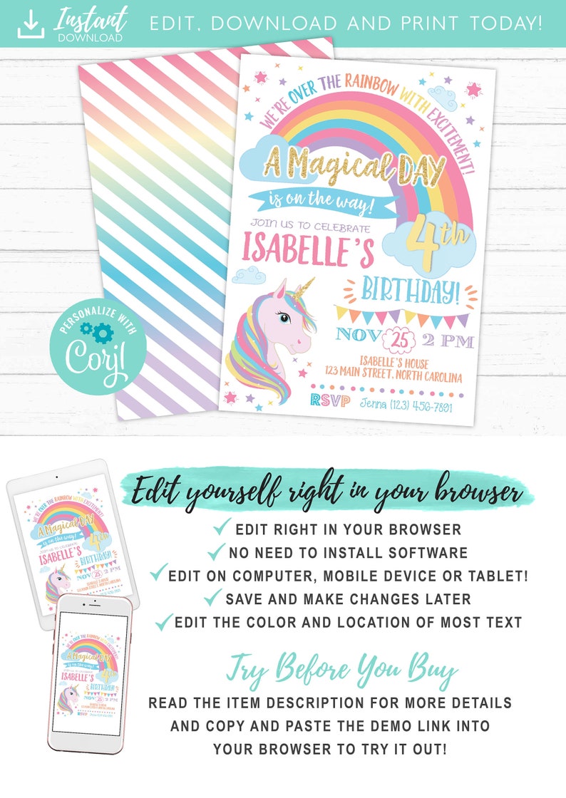 Unicorn Birthday Invitation, Unicorn Invitation, Rainbow Invitation, Rainbow Unicorn Birthday Invite Printable, Unicorn Party image 4