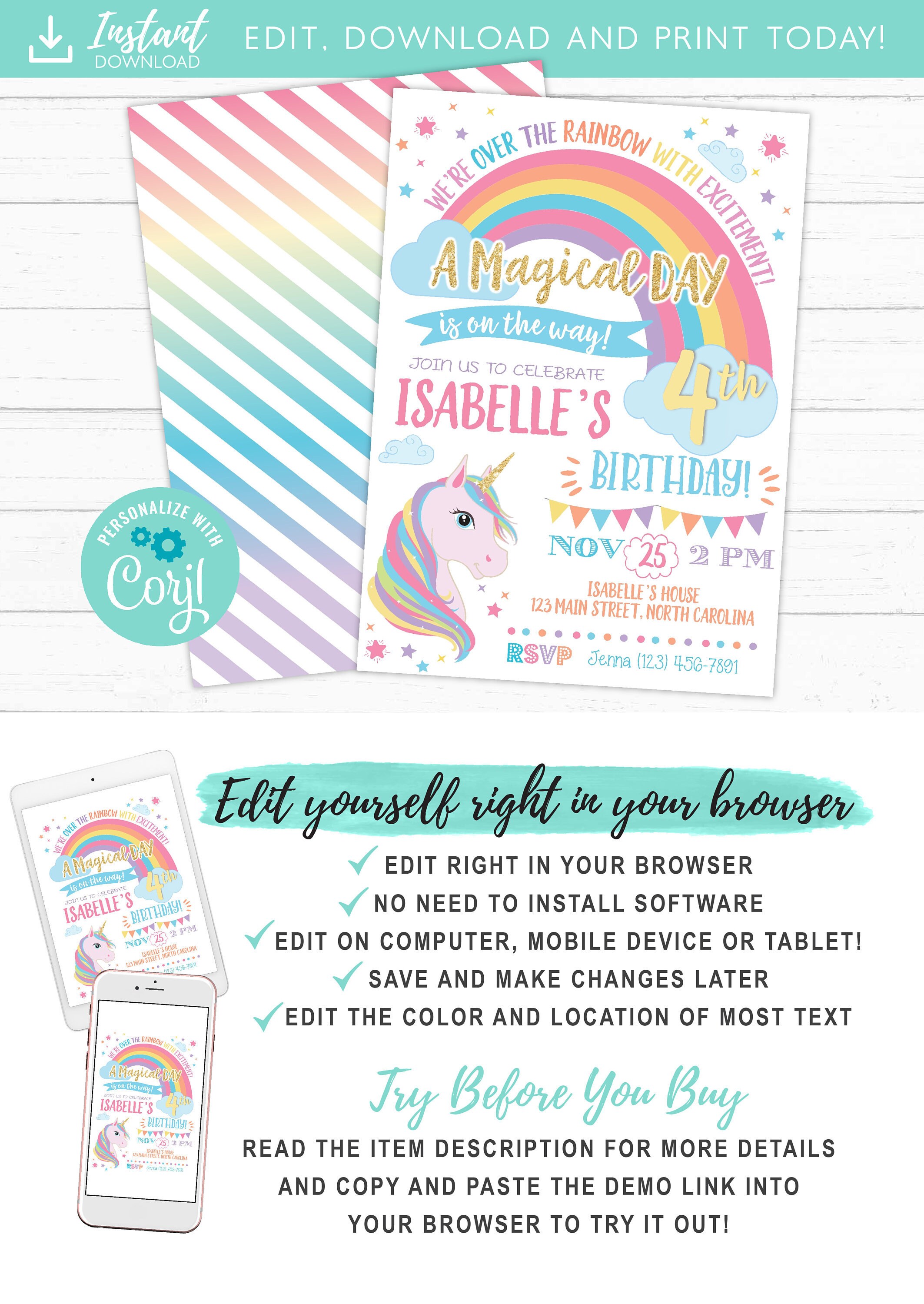 Unicorn Birthday Invitation, Unicorn Invitation, Rainbow Invitation, …