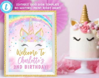 Unicorn Welcome Sign, Unicorn Party Welcome Sign Decorations, Unicorn Center Piece Edit Yourself Templett Temaplte Instant Dwonload