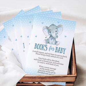 Carte de demande de livre éléphant bleu | Baby shower garçon | Modèle Corjl modifiable