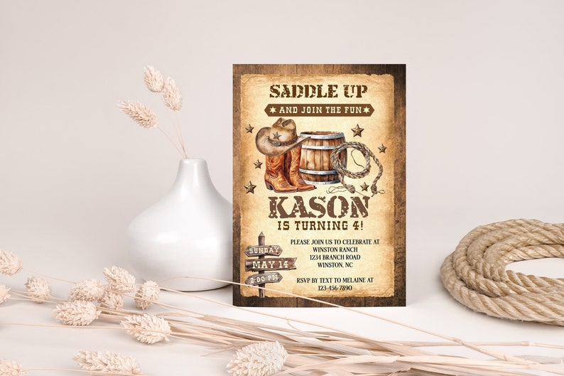 Saddle Up Country Western Invitation, Rustic Wood, Cowboy Hat and Lasso, Cowboy Birthday Invitation, Printable, Instant Download image 2