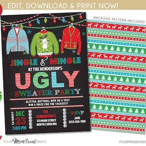 Ugly Sweater Christmas Party Invitations Christmas Party Invitation Tacky Sweater Party Invite Festive Holiday Party, Templett image 1