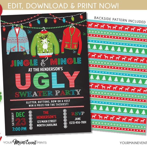 Ugly Sweater Christmas Party Invitations | Christmas Party Invitation | Tacky Sweater Party Invite | Festive Holiday Party, Templett