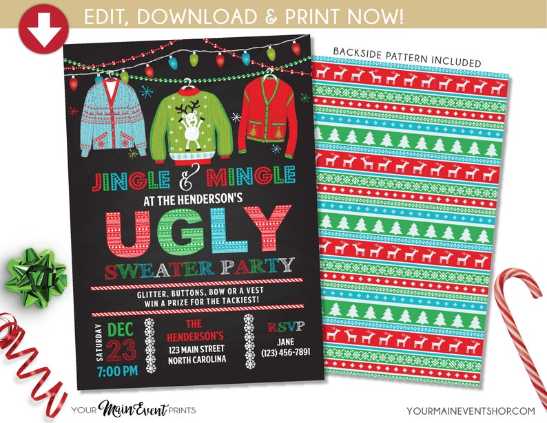 Ugly Sweater Christmas Party Invitations Christmas Party Invitation Tacky Sweater Party Invite Festive Holiday Party, Templett image 1