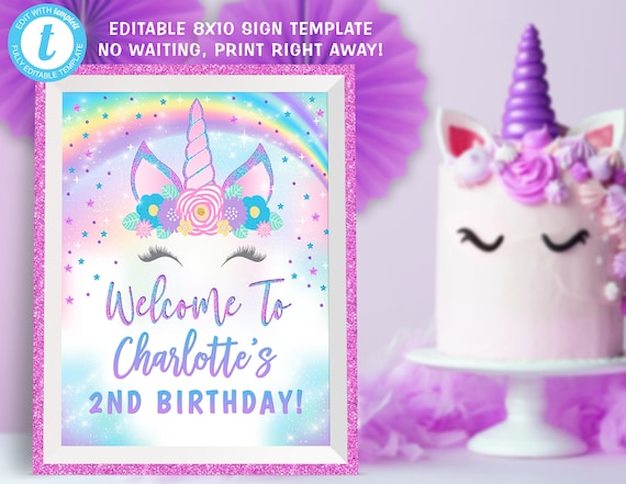 Unicorn Welcome Sign, Unicorn Party Welcome Sign Decorations, Unicorn Center Piece Edit Yourself Templett Temaplte Instant Dwonload Il_570xn