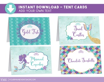 Mermaid Party Tent Cards - Under The Sea Mermaid Food Tent Cards - Mermaid Place Cards Printable Edit Yourself