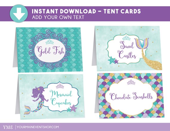 Mermaid Party Tent Cards - Under The Sea Mermaid Food Tent Cards - Mermaid Place Cards Printable Edit Yourself Il_570xn