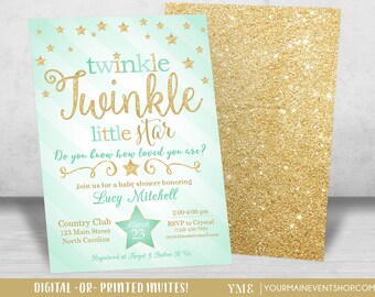 Twinkle Twinkle Little Star Baby Shower Invitation, Twinkle Twinkle Shower Invitation, Mint and Gold Star Invitation, Neutral Baby Shower