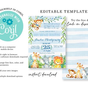 May include: Editable baby shower invitation template with a blue and white striped background. The invitation features a jungle theme with a monkey, lion, giraffe, and elephant. The text on the invitation reads "Please join us for a baby shower honoring Amelia Montgomery" and includes the date, time, and location of the event. The invitation also includes the text "Try the free demo link in description".