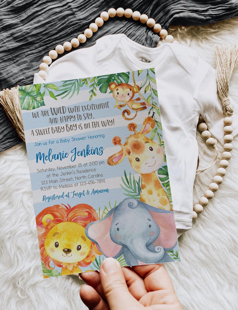 May include: A baby shower invitation with jungle animal illustrations, including a giraffe, lion, monkey, and elephant. The invitation text reads "We are wild with excitement and happy to say, a sweet baby boy is on the way!" and includes event details.