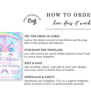 May include: A printable invitation for a child's birthday party. The invitation features a unicorn with a rainbow and stars. The text on the invitation reads "Magical Celebration" and "Charlotte's 2nd Birthday!"